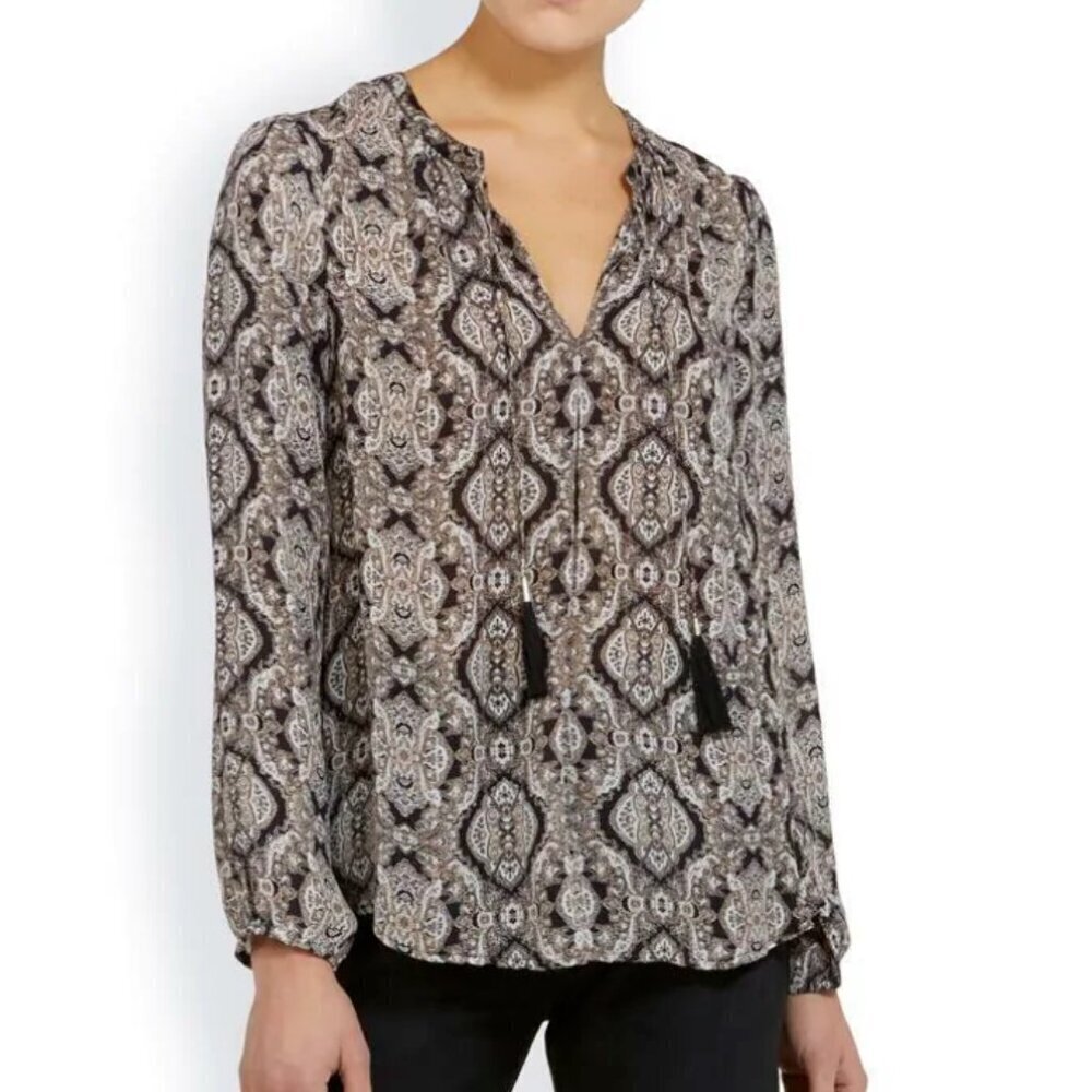 Joie Calla Silk Blouse Womens Small Black Paisley V-Neck Long Sleeve Tassel Ties